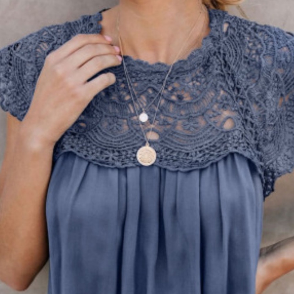 Boho Crochet Lace Trim Blouse in Periwinkle - Picture 2 of 5
